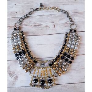 Anthropologie Pam Hiram Necklace Black & Gold Tone Glass Beaded Choker Bib